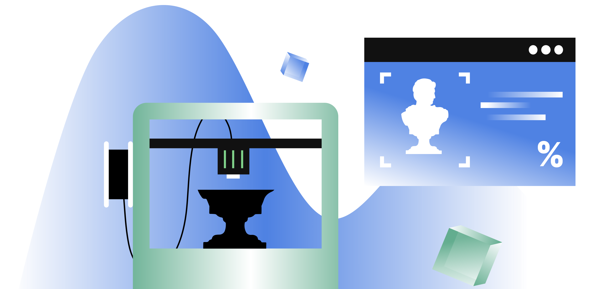 3D printer with geometric shapes and an interface showing a bust model and percentage indicators.