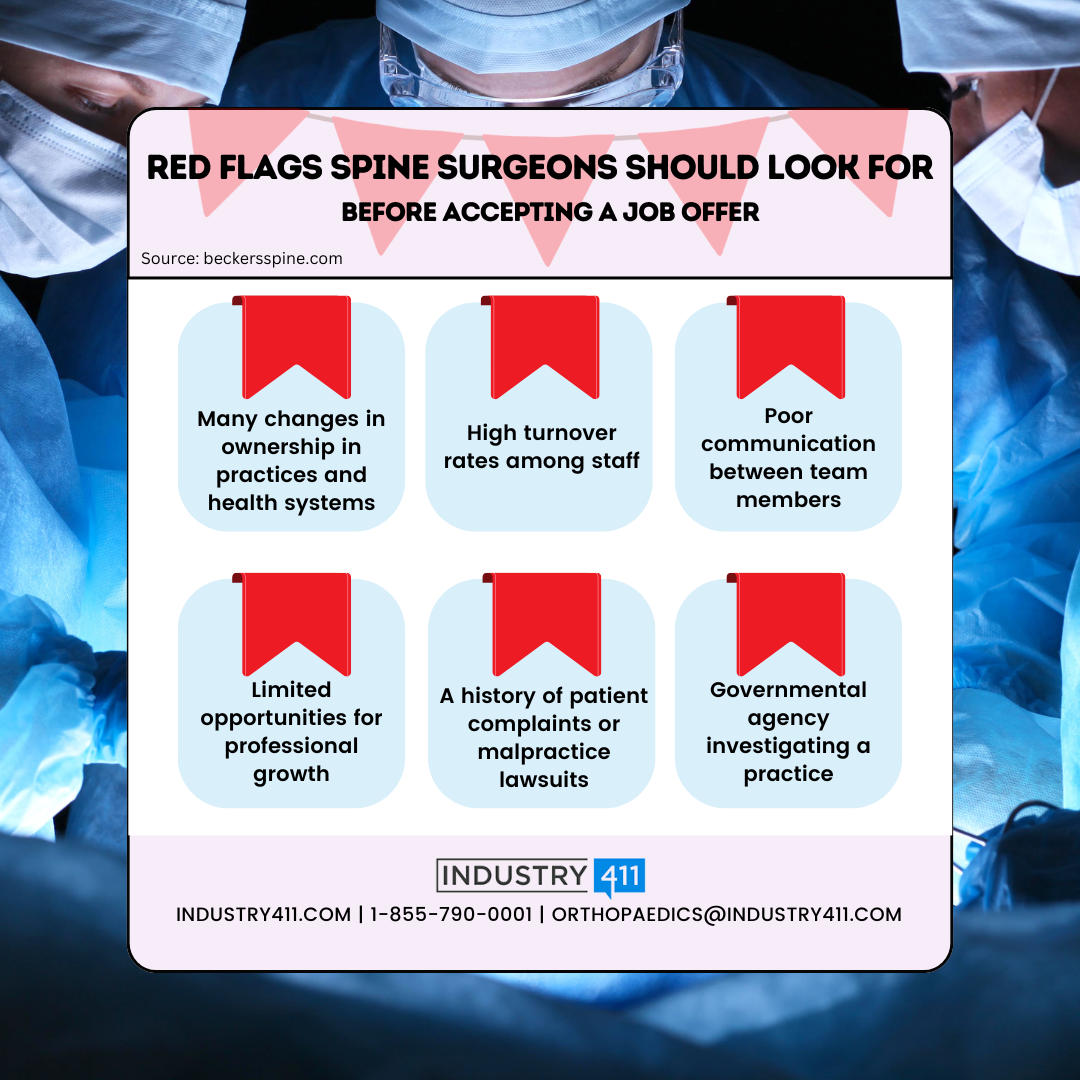 Infographic listing red flags for spine surgeons to consider before accepting a job offer.